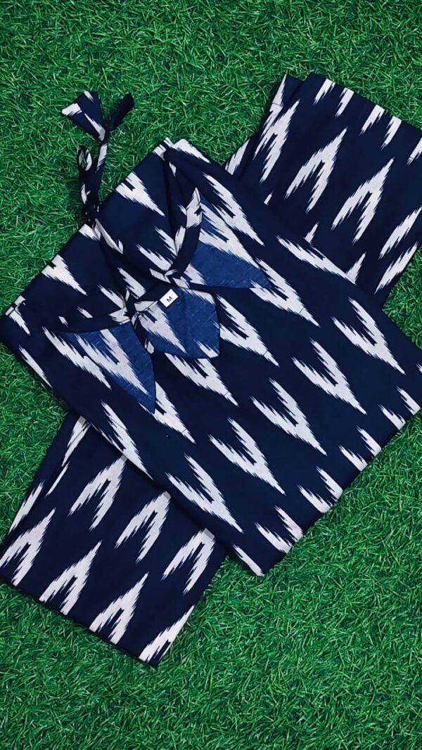navy ikat print co ord set with tie up neck