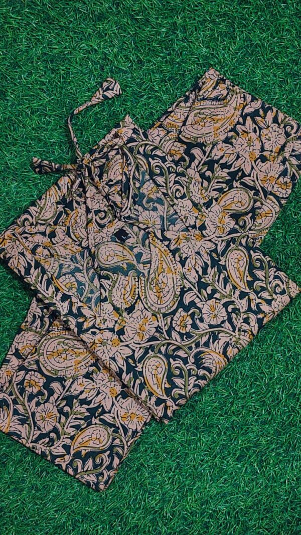 olive green paisley print co ord set with tie up neck
