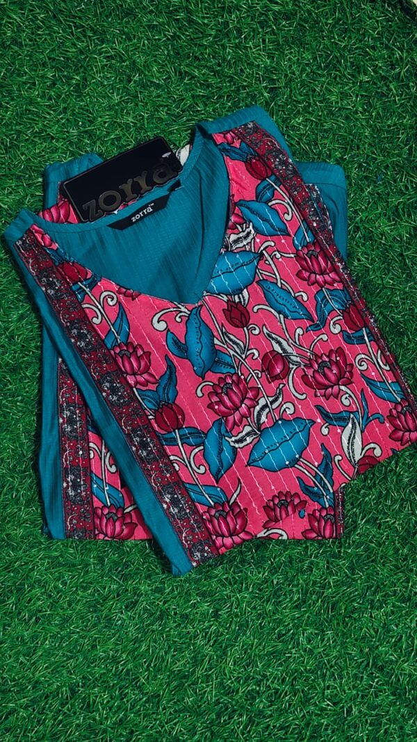 zorra teal floral slub cotton kurti