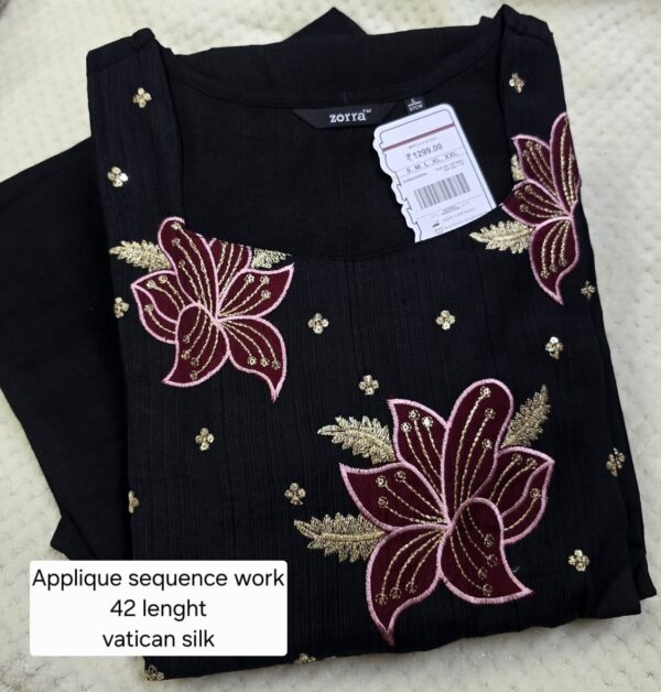 Black Floral Appliqué Sequence Work Vatican Silk Kurti