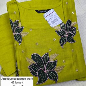 Green Floral Appliqué Sequence Work Vatican Silk Kurti - XL