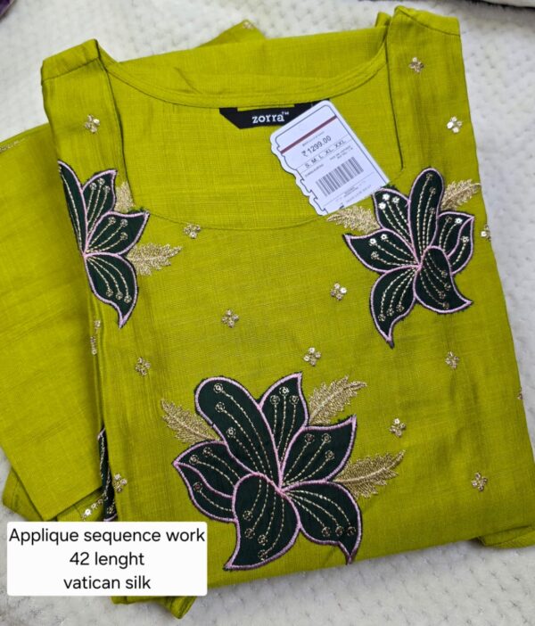 Green Floral Appliqué Sequence Work Vatican Silk Kurti