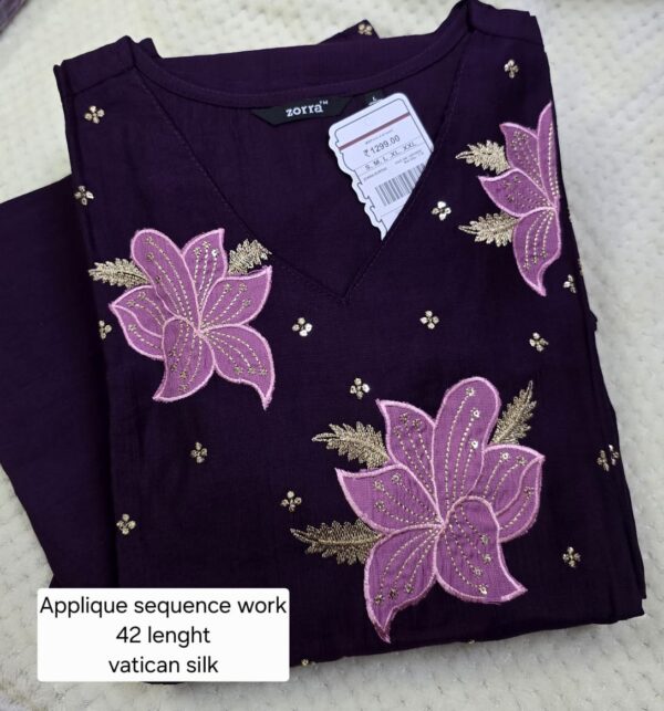 Purple Floral Appliqué Sequence Work Vatican Silk Kurti
