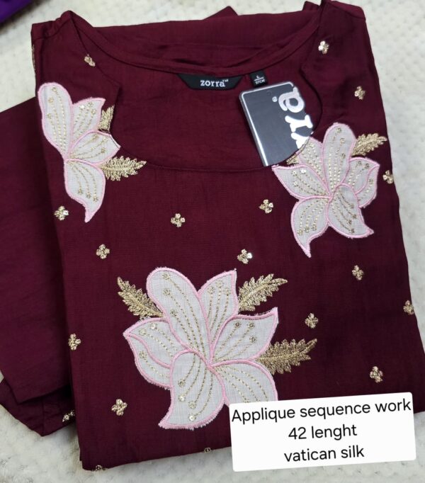 Maroon Floral Appliqué Sequence Work Vatican Silk Kurti