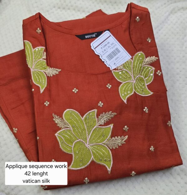 Rust Orange Floral Appliqué Sequence Work Vatican Silk Kurti