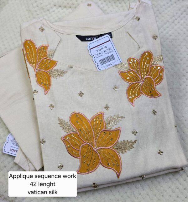Off-White Floral Appliqué Sequence Work Vatican Silk Kurti