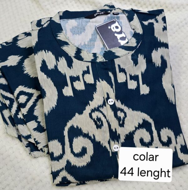 Navy Blue Printed Rayon Kurti with Collar Neck