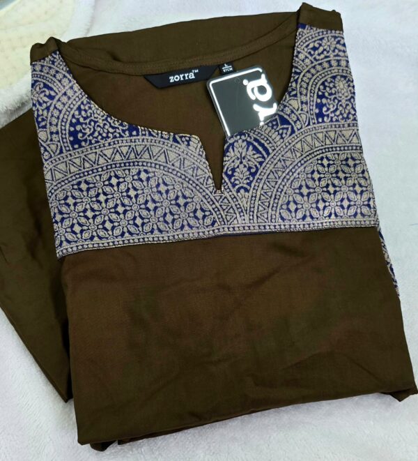 Olive Brown Blue Ethnic Print Berlin Silk Kurti