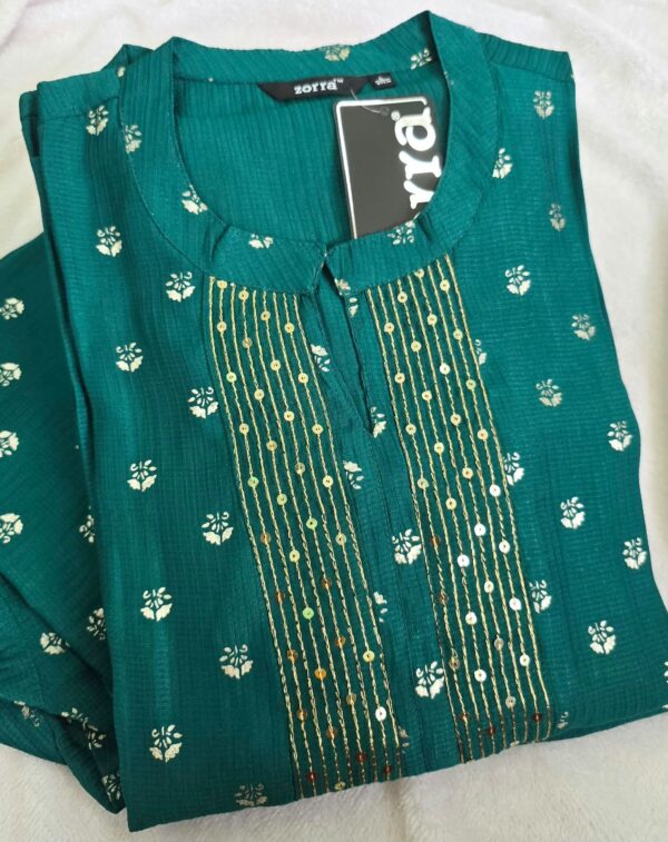 Teal Green Golden Motif Berlin Silk Kurti