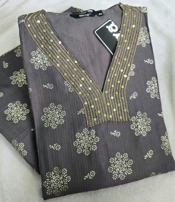 Grey Floral Sequin Panel Berlin Silk Kurti