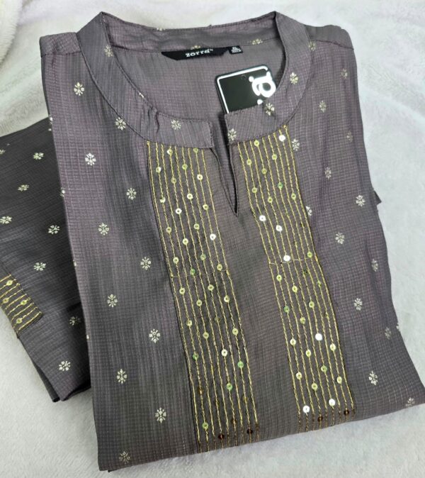 Charcoal Grey Golden Floral Berlin Silk Kurti