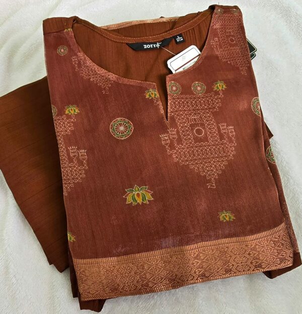 Rust Brown Floral Print Berlin Silk Kurti