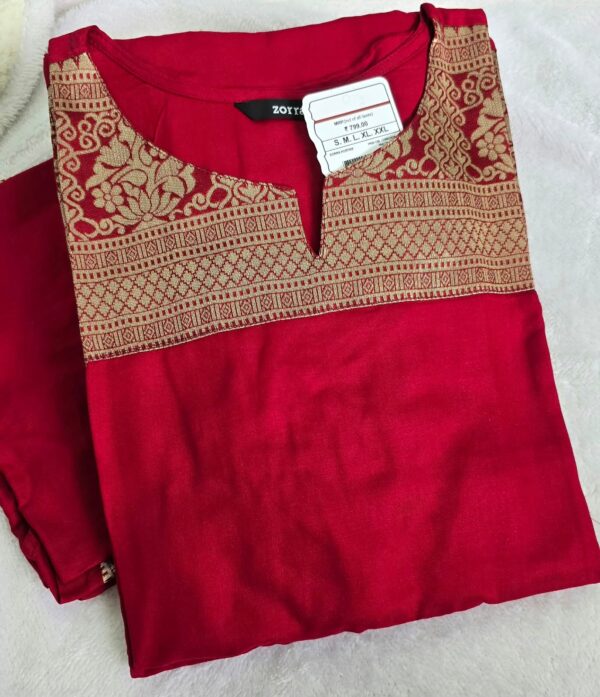 Ruby Red Golden Ethnic Print Berlin Silk Kurti