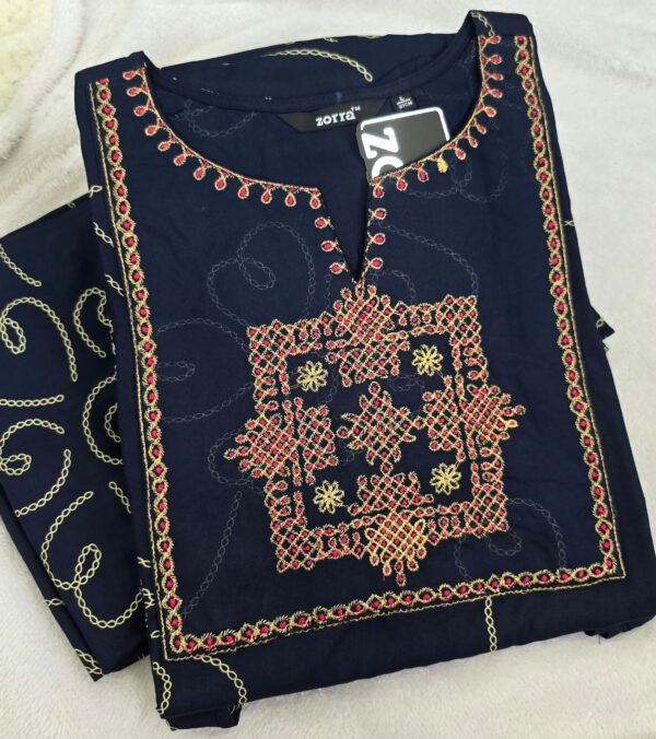 Navy Blue Embroidered Ethnic Berlin Silk Kurti