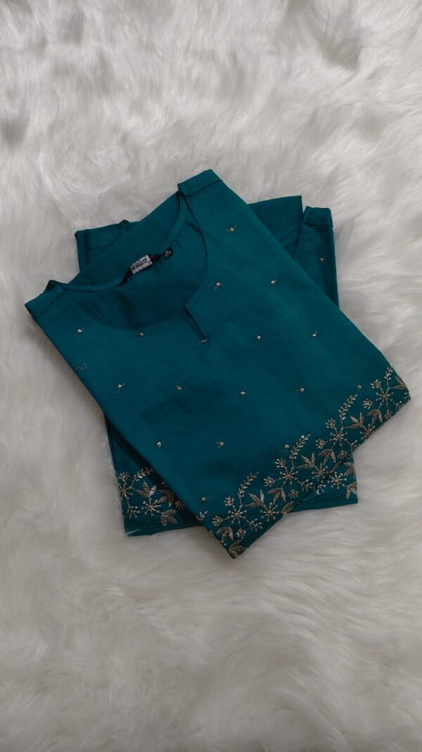 Teal Blue Golden Floral Kurti – Vatican Fabric